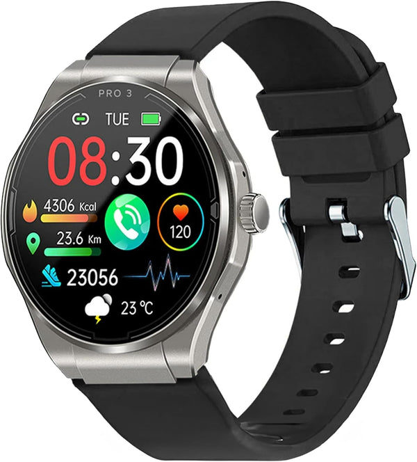 PRO 3 (2024) Silver - Ceas de sănătate Smartwatch cu funcție de telefonie - ECG + HRV și funcție SOS - Afișaj AMOLED- BT Bluetooth - Sleep apnoea - Curea siliconică Negru, 14-24, rotund