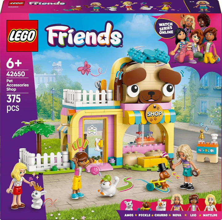 Magazin de accesorii pentru animale LEGO Friends, set de joacă pentru jocuri de rol, jucărie educativă pentru fete de la 6 ani, 3 minifigurine și 3 figuri de animale, pisică, câine și iepuraș, idee de cadou pentru copii 42650