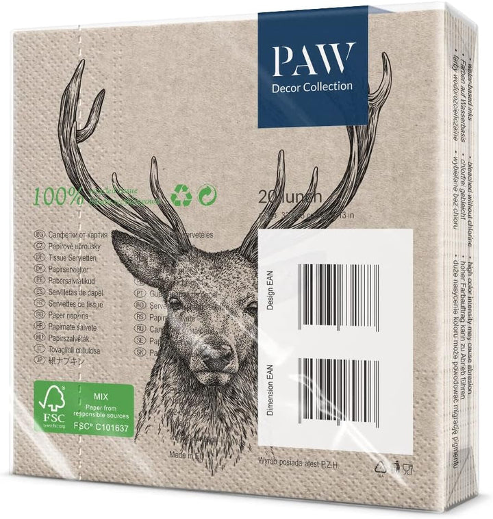 Collection de décoration de pattes X PAW DÉCORD COM LINES DE PAPIER CM avec 3 couches. 20 pièces. Imprimé avec des couleurs à base d'eau. Décorations de table. Nature, HIRSC, PAW_022022, cerf, 33 x 33 cm (package avec 3)
