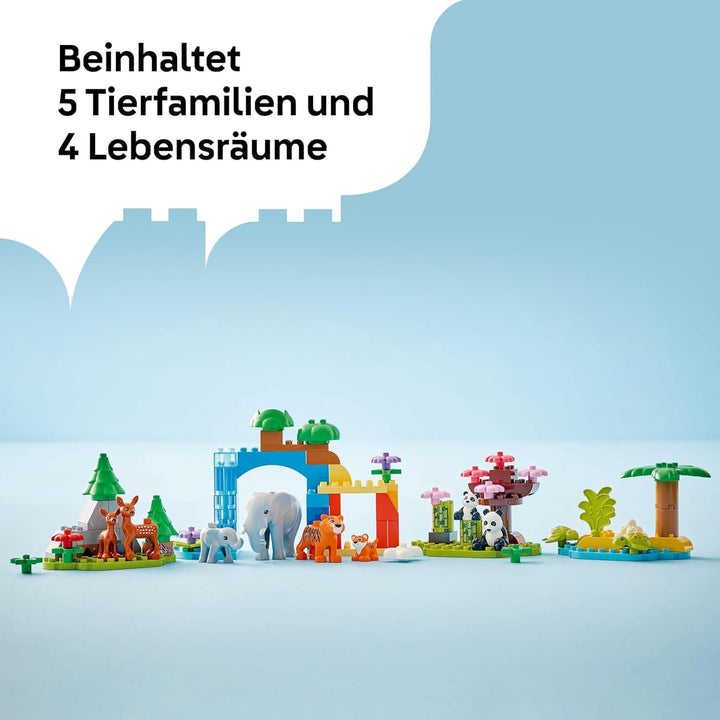Set LEGO DUPLO Town Wild Animal Families 3-in-1, jucărie educativă pentru copii mici cu țestoase, tigri, elefanți, căprioare, panda, set pentru preșcolari de la 2 ani, jucărie de construit cu figuri de animale 10446
