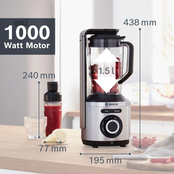 Bosch Vakuum-Standmixer Vitapower Serie 8 MMBV621M, Starke Mixleistung, Vitaminschonende Zubereitung, 4 Automatikprogramme, Vakuum-Togo Flasche, 37,000 U/Min, 1000 W, Silber