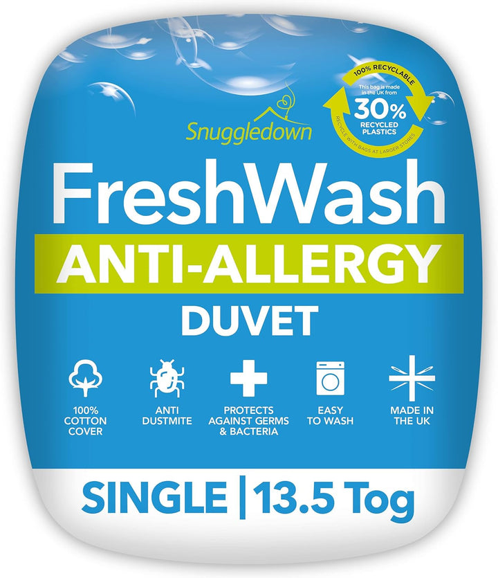 Plapumă pentru alergii Snuggledown Freshwash, 13,5 Tog Winter Warm, bumbac, alb, pat single