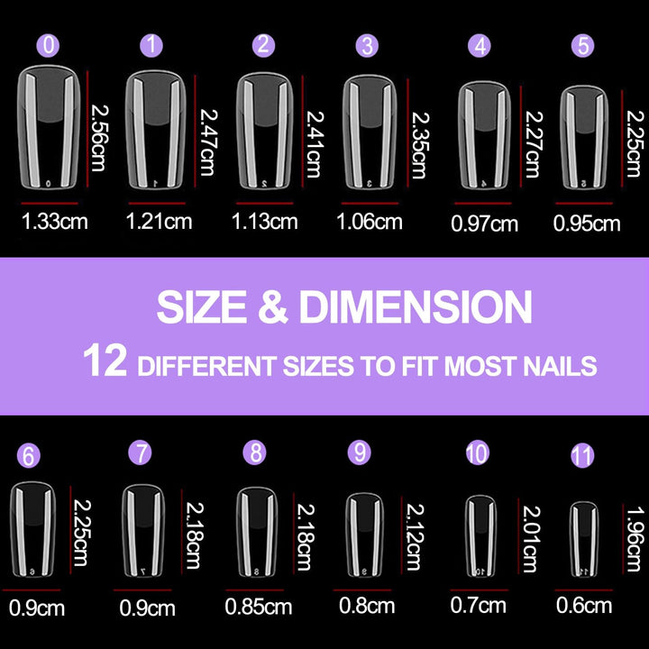 Unghii false cu acoperire completă, pachet de 504, 12 mărimi, unghii false cu lipici de unghii, unghii artificiale acrilice cu cutie de depozitare pentru saloane de unghii și artă unghii DIY acasă (pătrat)