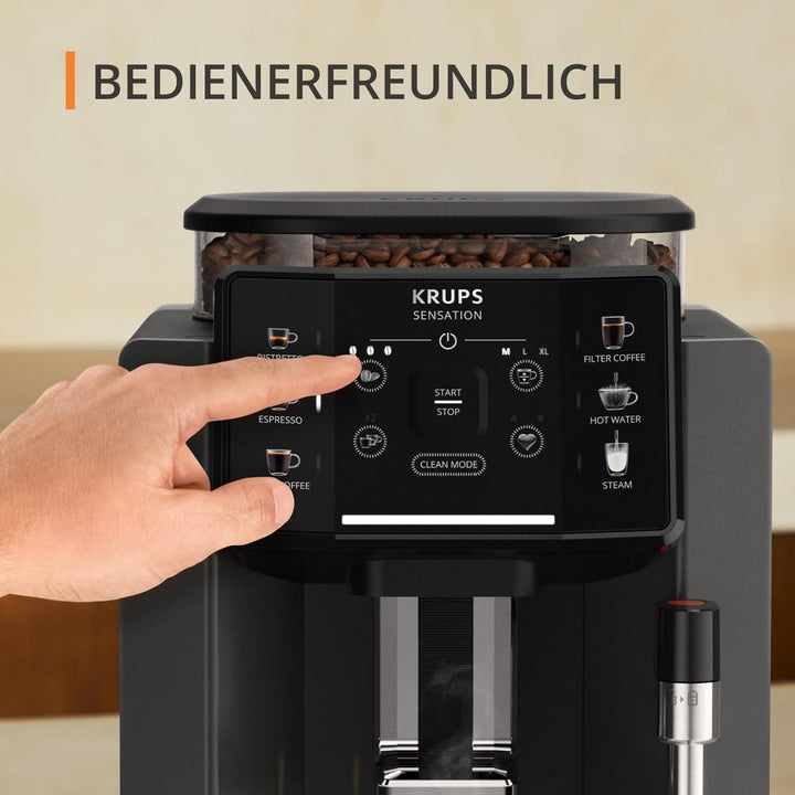 Aparat de cafea complet automat Krups Sensation, duză de spumare a laptelui, 5 băuturi, funcție de cafea cu filtru, funcție de 2 cești, filtru de cafea, negru, EA910810
