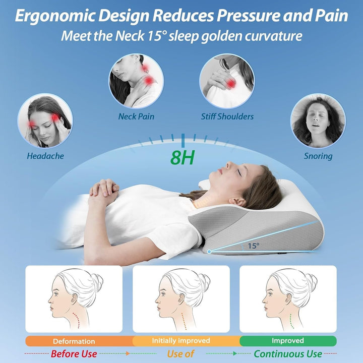 HOMCA Pernă pentru gât Pernă ortopedică din spumă de memorie 2 în 1 Pernă de susținere a gâtului cu capac de răcire 3D Pernă ergonomică de dormit pentru cei care dorm pe spate, lateral și abdominal, gri, 60X13/11X40 cm