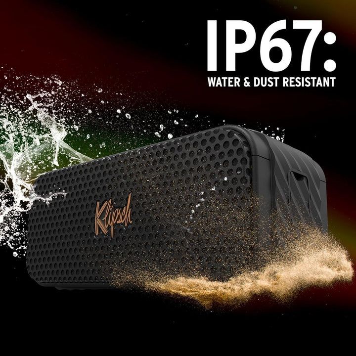 Klipsch, Nashville, Difuzor Bluetooth portabil, Standard Ip67, Rezistent la apă și praf, Autonomie 24 ore, Bluetooth 5.3, Curea de transport reglabilă și detașabilă, Negru.