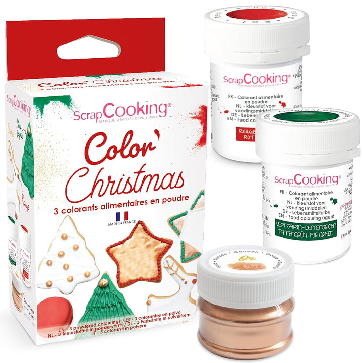 Scrapcooking - 3Er-Set Lebensmittelfarben Pulver Weihnachten - Rot Grün Gold - Essbare Lebensmittel-Farben Für Backen, Torten, Kekse, Kuchen, Teigen, Fondant - Weihnachtdeko - 4018