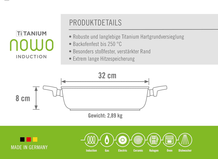 Woll Nowo Titanium Kasserolle - Induktiv -, Ø 32 Cm, 8 Cm Hoch, 5.5 Liter, Mit 2 Seitengriffen - Geeignet Für Alle Herdarten