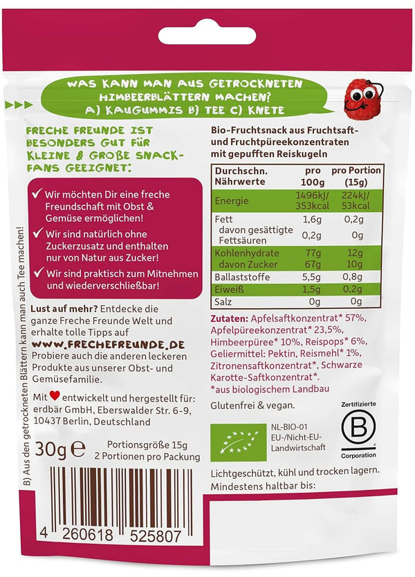 FRECHE FREUNDE Bio Fruchtgummi Apfel-Himbeere Mit Reispops, Bio Frucht Snack Für Kinder, Glutenfrei, Vegan, 20Er Pack (20 X 30G)