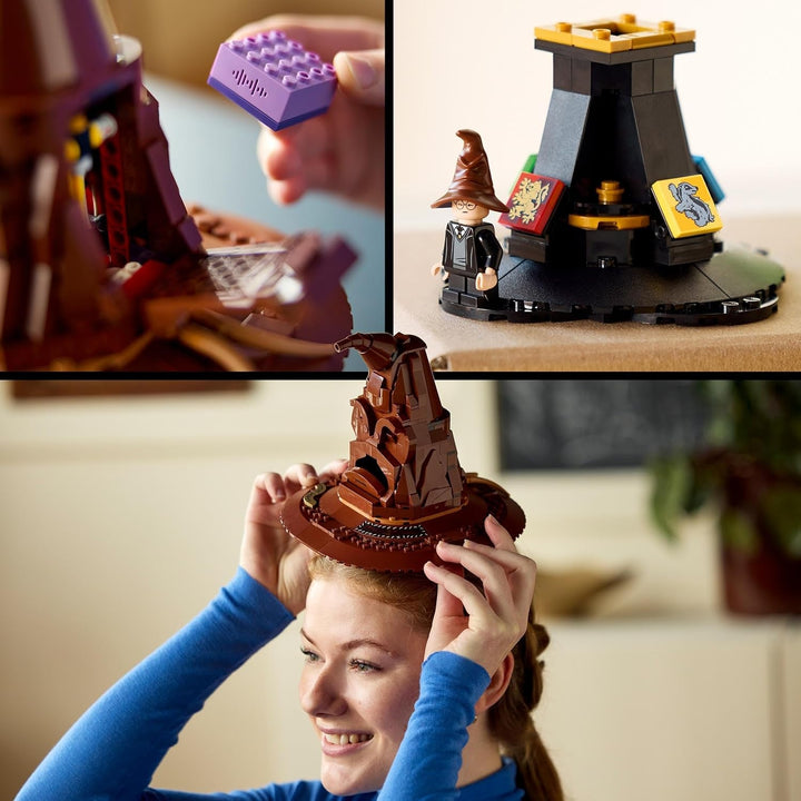 LEGO Harry Potter Pălăria vorbitoare, model Hogwarts pentru adulți, cadou de film pentru femei, bărbați, mamă și tată, cu 31 de combinații de sunete aleatorii, te sortează în casa ta Hogwarts 76429