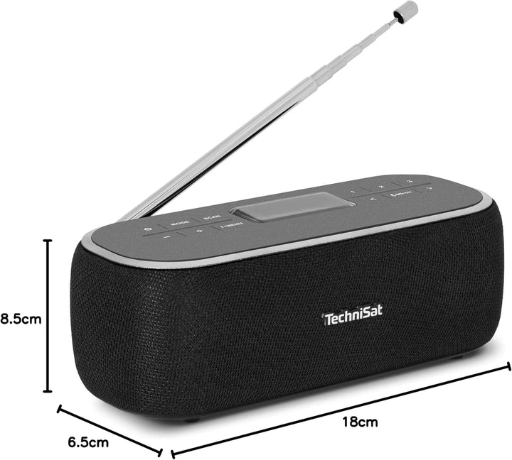 Technisat VIOLA BT 1 - Difuzor Bluetooth portabil cu radio digital DAB+ (FM, DAB, ceas, alarmă cu temporizator, memorie favorite, LCD, funcție mâini libere, aux-in, baterie reîncărcabilă, cablu de încărcare USB-C, 6W) negru/gri