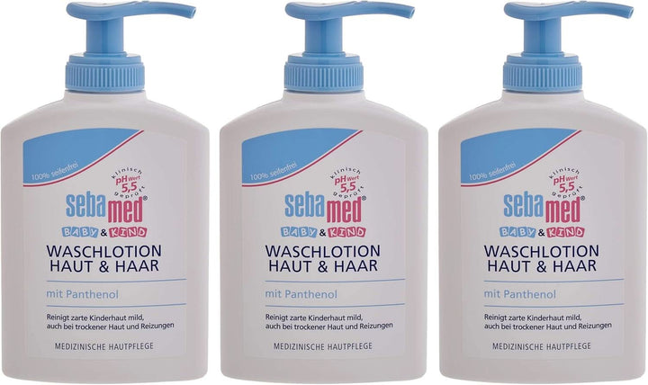 Sebamed Baby Und Kind Waschlotion Haut Und Haar Shampoo 3Er Vorteilspack, Reinigt Zarte Kinderhaut Mild, Auch Bei Trockener Haut Und Reizungen, Shampoo Und Duschgel, 200 Ml (3Er Pack)