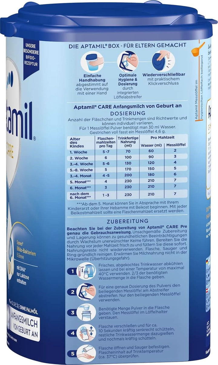 Aptamil Care PRE – Anfangsmilch Von Geburt An, Mit DHA, Nur Laktose, Ohne Palmöl, Babynahrung, Milchpulver, 1X 800 G