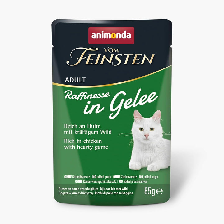 Animonda Vom Feinsten Adult Raffinesse Hrană pentru pisici în jeleu cu pui și carne de vită (24 X 85 G), hrană umedă cu taurină și vitamina D3, fără adaos de soia, zahăr și conservanți