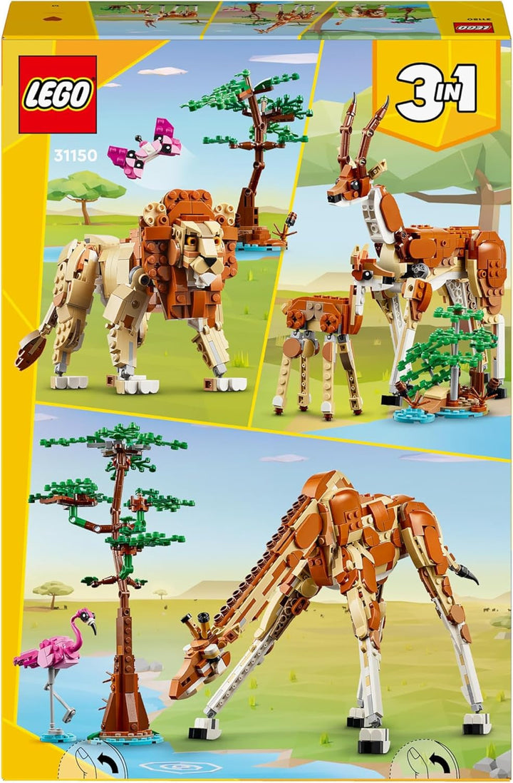 LEGO Creator 3In1 Animal Safari, set creativ cu figurine de animale, 3 opțiuni de construcție: Girafă de jucărie, gazelă și leu, animale de jucărie pentru fete și băieți, cadou natural pentru copii cu vârsta de 9+ 31150