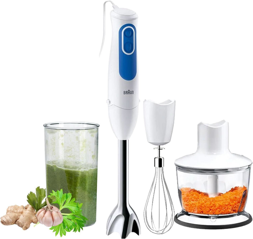 Braun Household Stabmixer MQ 3035 WH - Multiquick 3 Pürierstab Mit Edelstahl-Mixfuß, 2 Geschwindigkeiten, Spritzschutz, Spülmaschinenfest, Zerkleinerer, Schneebesen & 600Ml Mix- Und Messbecher, Weiß