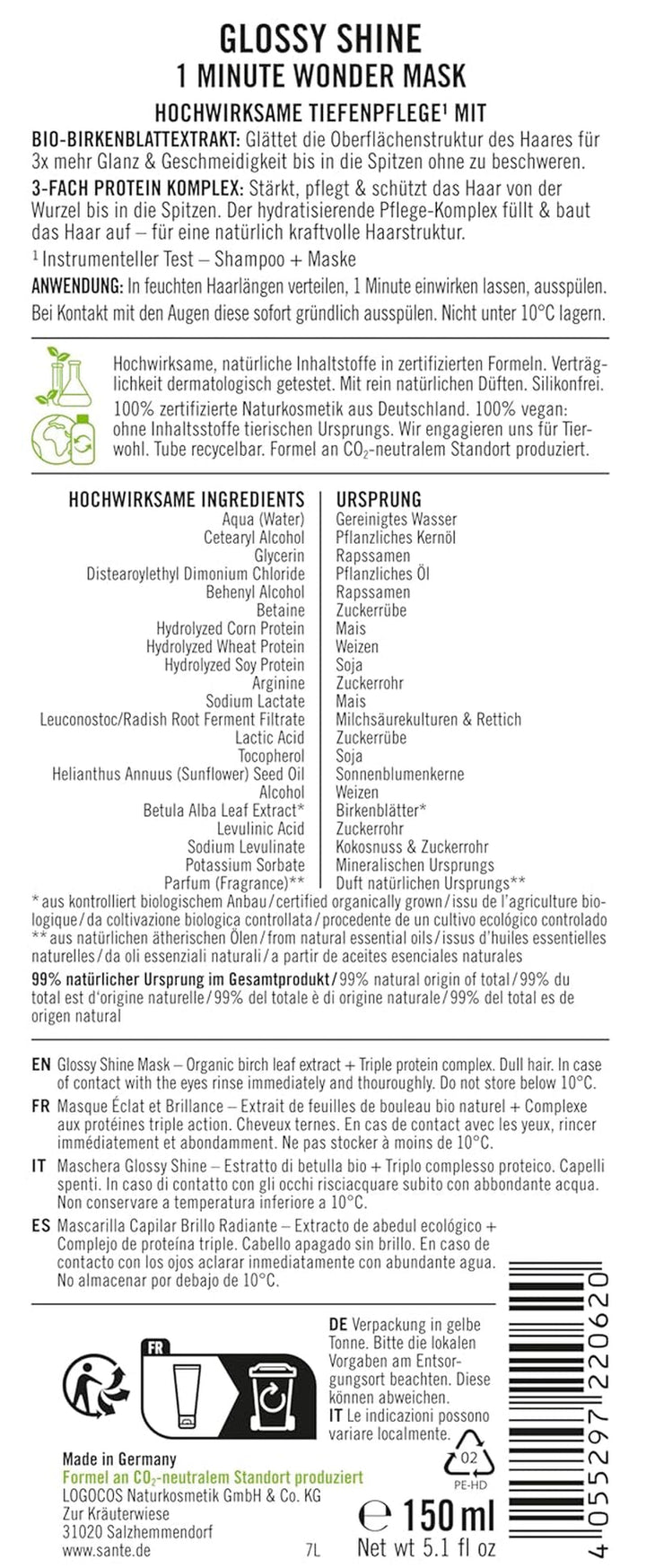 SANTE Naturkosmetik Glossy Shine Mask extract organic de frunze de mesteacăn + complex proteic de 3 ori, mască de păr fără silicon și hidratantă, îngrijire vegană a părului pentru mai multă strălucire și suplețe, 150 ml Masca de par Naty Shop