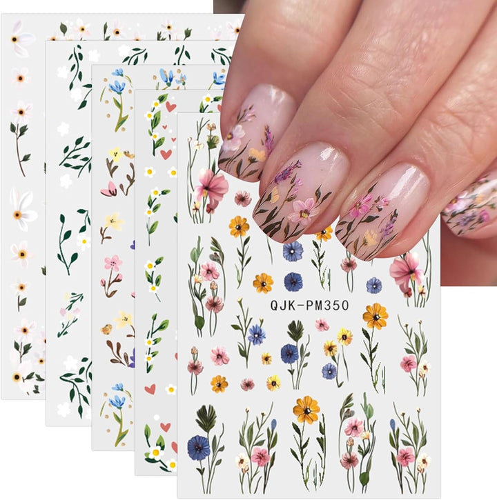 JMEOWIO Nagelsticker Bunte Blumen 9 Blatt Nail Art Sticker Selbstklebend Nagelaufkleber Frühling Sommer Blumen Dekoration Nageldesign Zubehör