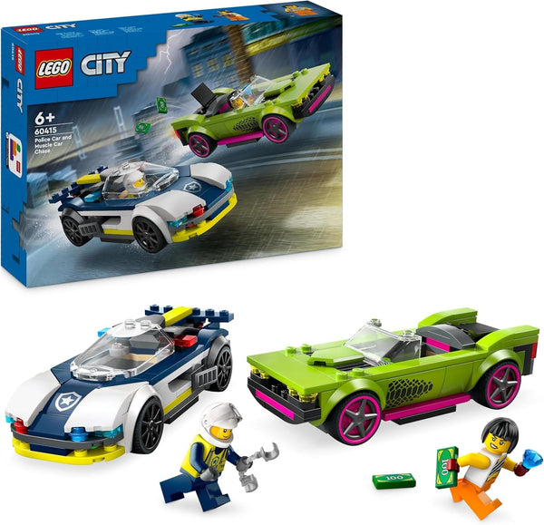 LEGO City Car Chase cu mașină de poliție și mașină cu mușchi, tren de jucărie cu 2 mașini de curse, cadou de poliție pentru copii, băieți și fete de la 6 ani, set cu polițist și minifigurine Ganovin 60415