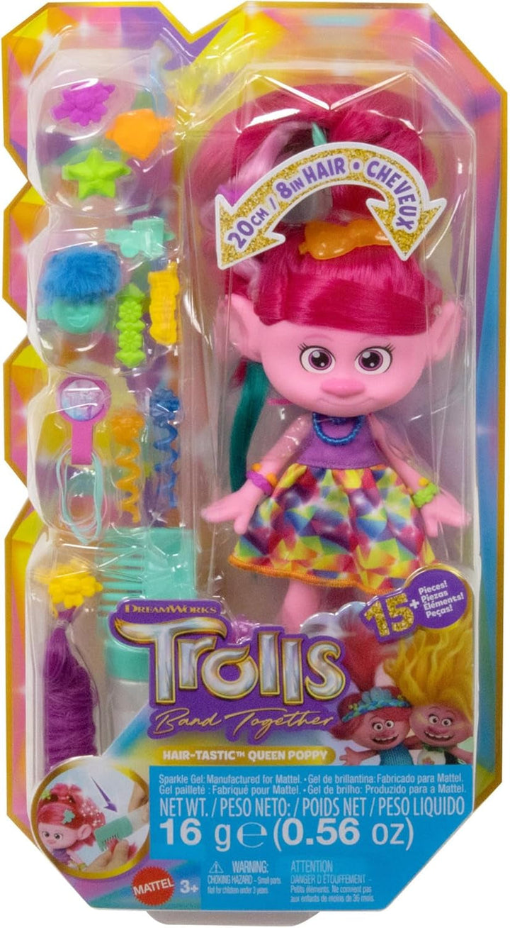 Mattel DREAMWORKS TROLLS Together Strong - păpușă de modă Hair-Tastic Queen Poppy - 15+ accesorii, pieptene cu sclipici, gel cu sclipici lavabil, pentru copii cu vârsta peste 3 ani, HNF25