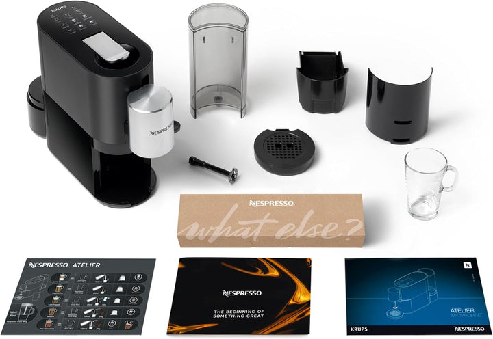 Aparat de cafea Nespresso Krups Atelier cu spumă de lapte, rezervor de apă de 1 litru, inclusiv ceașcă de sticlă + capsule, presiune 19 bar, negru/argintiu, XN8908