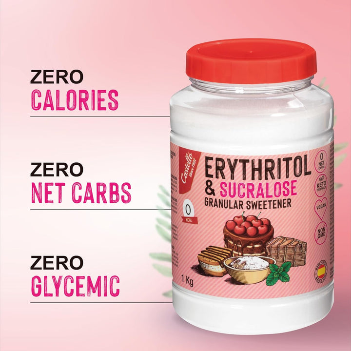 Erythrit + Sucralose 1:4 Süßstoff | 1G = 4G Zucker | 0 Netto-Kohlenhydrate - 0 Kalorien - 0 Glykämischer Index - Keto - Kein GVO - Castello since 1907 - 1 Kg