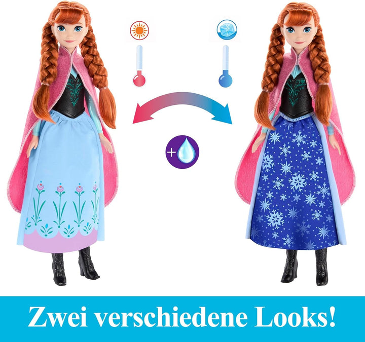 Mattel DISNEY Frozen The Ice Queen Anna Doll - fustă magică cu efect de schimbare a culorilor, activabilă cu ajutorul baghetei cu fulgi de zăpadă și apă, inclusiv periuță de păr, pentru copii de la 3 ani, HTG24