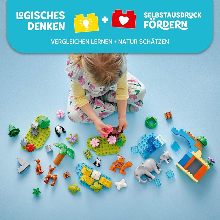 Set LEGO DUPLO Town Wild Animal Families 3-in-1, jucărie educativă pentru copii mici cu țestoase, tigri, elefanți, căprioare, panda, set pentru preșcolari de la 2 ani, jucărie de construit cu figuri de animale 10446