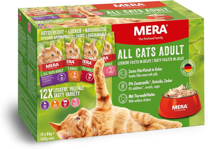 Mera Cats Adult Wet Food Multibox, pentru pisici adulte, fără cereale și sustenabilă, hrană pentru pisici cu conținut ridicat de carne din pui, vită, rață și somon, 12 X 85 G