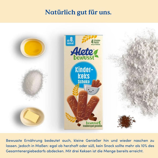 Alete Bewusst Kinderkeks Schoko, Ab Dem 8. Monat, Butterkeks Aus Weizen Für Kinder, Handlich Verpackte Kekse Als Kleiner Snack, Perfekt Für Unterwegs & Zwischendurch, 1 X 180 G