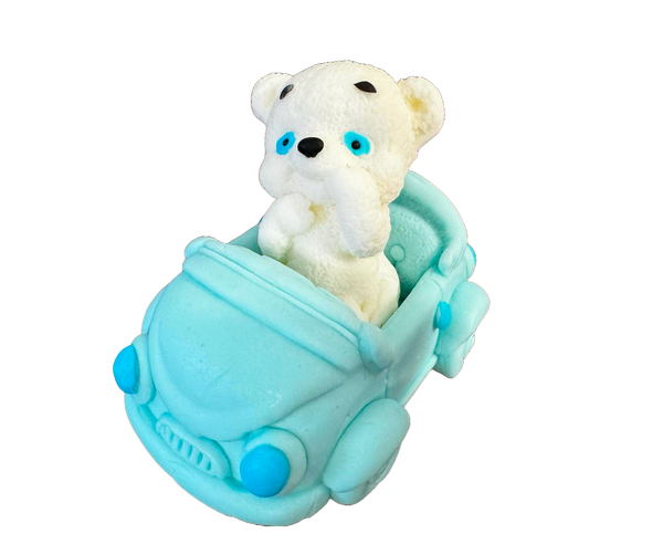 Décoration en pâte à sucre comestible, Ours en peluche blanc avec voiture bleue