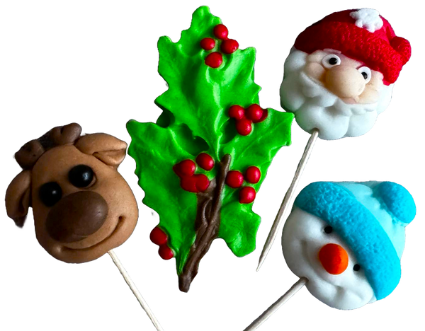 Lot de 4 décorations comestibles en pâte à sucre, toppers de Noël, renne, bonhomme de neige, sapin et père Noël