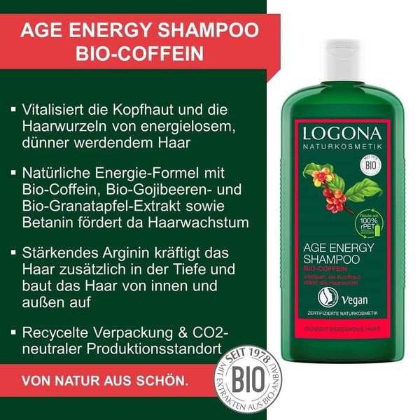 LOGONA Natural Cosmetics, Șampon, formulă vegană din cafeină organică, 250 ml