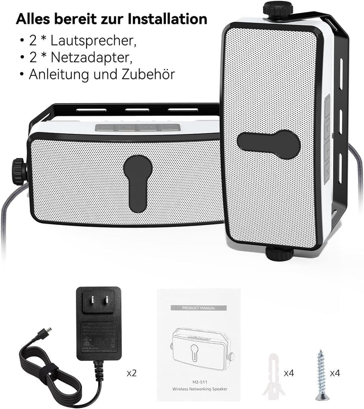 Plyee Audio Bluetooth-Lautsprecher Für Draußen, IPX5 Wasserdicht, Drahtlose Synchronisation Mit 100 Lautsprechern, Wandmontierbar, Ideal Für Terrasse, Veranda, Garage, Paar (MZ-511)