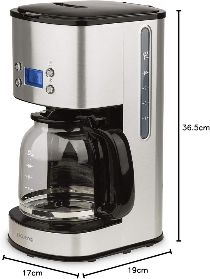 Cafetieră cu filtru din oțel inoxidabil H.Koenig 1,5L (12 cești) MG30, 1000W Carafă din sticlă gradată, Sistem anti-picurare, Menține cald, Afișaj Ldc, Oprire automată, Suport filtru detașabil, lavabil