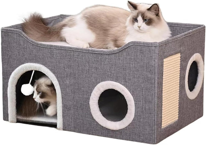 Peșteră pentru pisici, paturi pentru pisici, căsuță pentru pisici, peșteră pliabilă pentru pat de pisică cu scărpinat și minge de joacă, peșteră pliabilă pentru pat de pisică pentru dormit, ascundere, joacă și zgâriat (roz, mediu)