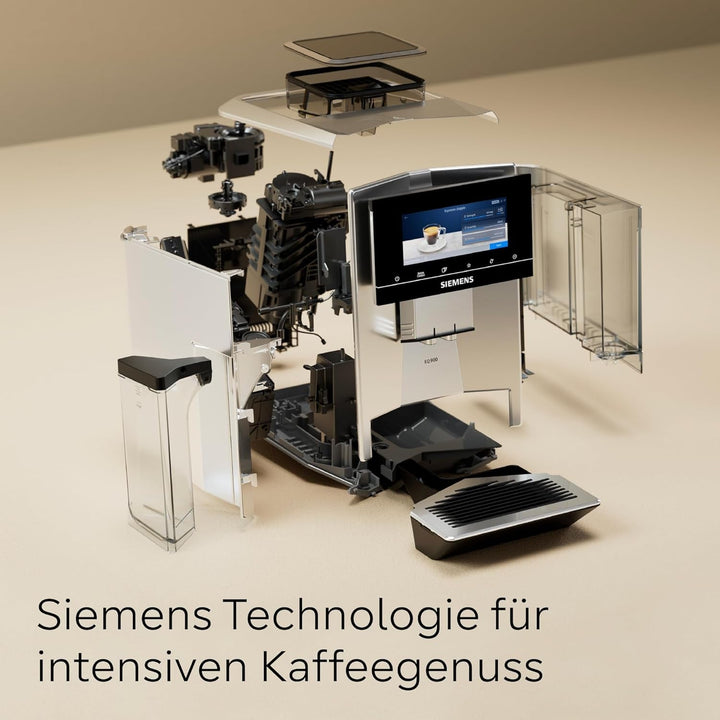 Espressor complet automat SIEMENS EQ900 TQ905D03, control prin aplicație, afișaj complet tactil, mod barista, reducere a zgomotului, până la 10 profiluri, râșniță premium, curățare automată cu abur, 1500 W, oțel inoxidabil