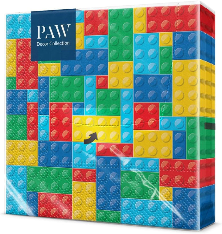 PAW - Șervețele 3 straturi (33 X 33 Cm) I 20 bucăți I Perfect pentru zilele de naștere ale copiilor, petreceri, comuniuni și sărbători I Șervețele de hârtie colorate cu motivul petrecerii I Blocuri, petreceri, jucării - Cărămizi colorate