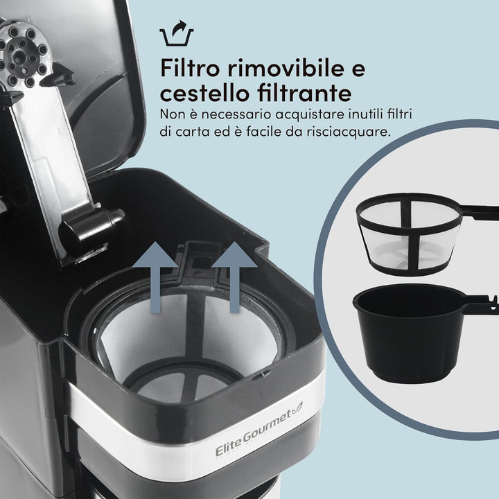 Elite Gourmet EHC111A# Cafetieră cu filtru cu porție unică, compactă, plus cană de călătorie termo cu interior din oțel inoxidabil, pentru cafea măcinată, filtru reutilizabil, 398 ml, negru