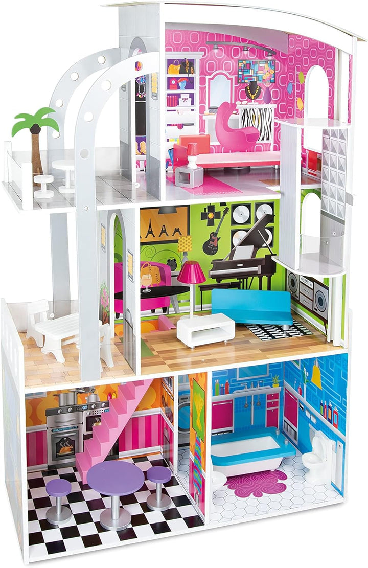 Teorema 40642 - Casa de papusi Tema Hollywood, 4 camere, Cu accesorii din lemn, Ridicare manuala, Inaltime 110 Cm