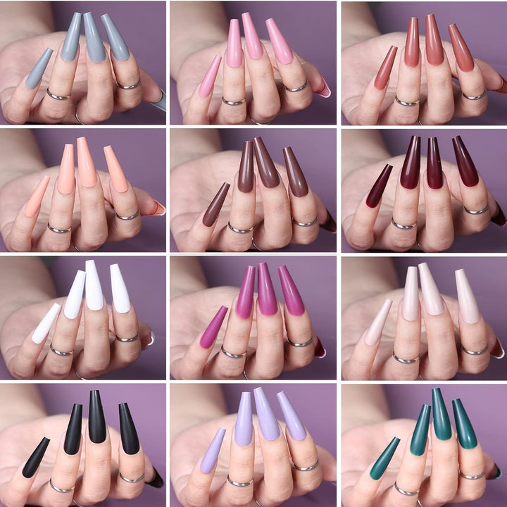 FANDAMEI 12 culori 288 buc unghii artificiale netede, balerină lungă, unghii false tip sicriu, vârfuri de unghii acrilice, balerină lungă pentru unghii artificiale