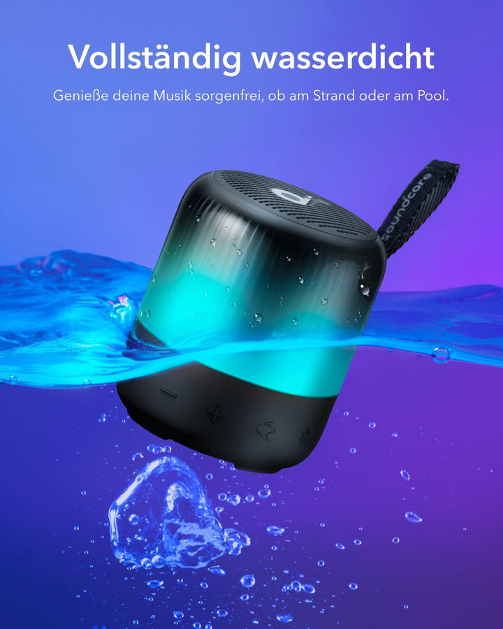 Soundcore Glow Mini Speaker, difuzor Bluetooth portabil, sunet 360°, spectacol de lumini, 12 ore de redare, EQ și lumină personalizabile, IP67 rezistent la apă și praf, pentru camping, acasă și petreceri pe plajă