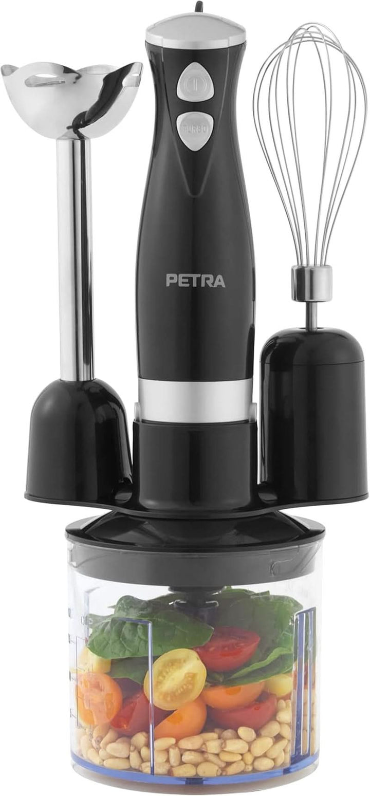 Petra PT2827BMBLKVDE 3-In-1 Mixer – Bpa-Freie Anbauteile, 500Ml-Schüssel, 700Ml-Becher, Schneebesen, Mixen, Zerkleinern, 2 Geschwindigkeiten, Edelstahlklingen, Für Babynahrung, Smoothies, Saucen, 350W