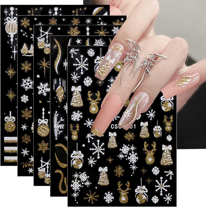 JMEOWIO Nagelsticker Weihnachten Gold Glitter Silber 8 Blatt Nail Art Sticker Selbstklebend Nagelaufkleber Schneeflocke Winterurlaub Dekoration Nageldesign Zubehör