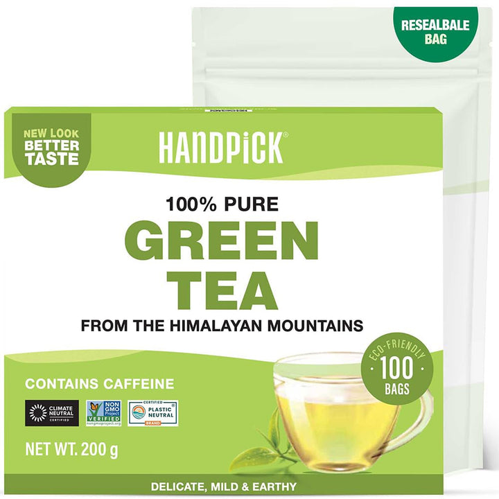 HANDPICK, pliculețe de ceai verde - 25 bucăți | 100% frunze de ceai verde pur din Himalaya, India | Plicuțe de ceai verde ecologice, preparare la cald sau rece