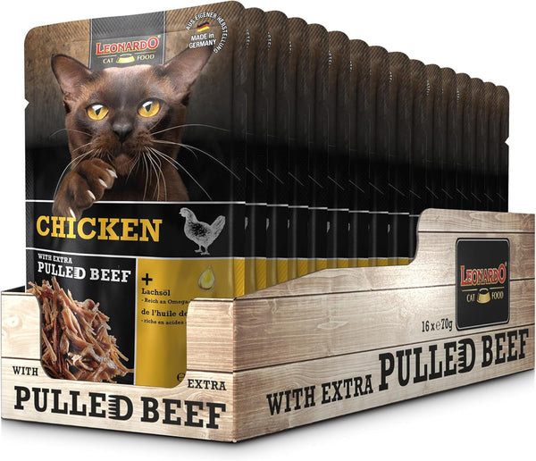 LEONARDO Fresh Pouch [16X70G Pui cu fâșii de carne] Pulled Beef | Hrană umedă fără cereale pentru pisici | Hrană completă pentru pisici