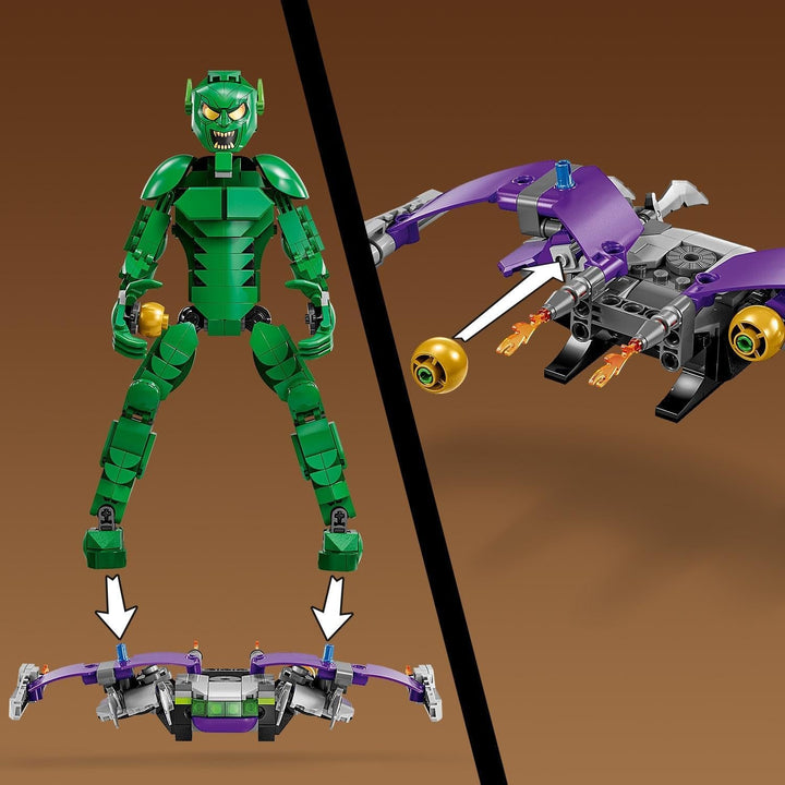 Figura de construcție LEGO Marvel Green Goblin, jucărie de construcție mobilă Super Villain pentru copii 8+, băieți și fete, set Spider-Man Universe cu glisoare și bombe de dovleac, idee de cadou Superhero 76284