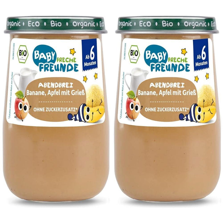 BABY FRECHE FREUNDE Bio Gläschen Abendbrei Banane, Apfel Mit Grieß Für Babys Ab 6 Monaten, Ohne Zuckerzusatz, 6 X 190G