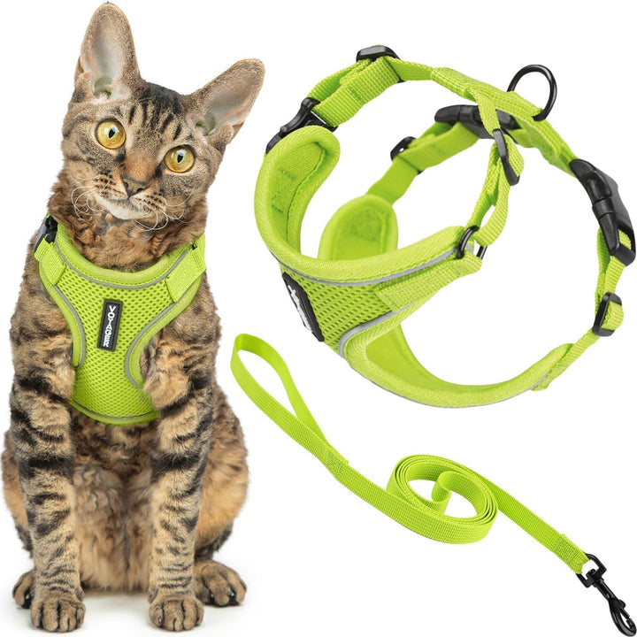 Kit Voyager, Ham anti-evadare pentru pisici cu lesă de 1,5 m, cusături reflectorizante, mâner din neopren, pentru pisici mici, medii și mari, garnitură verde lime/negru, mărimea XS