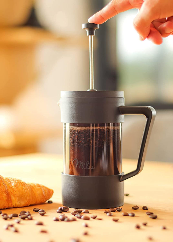 Milu French Press Coffee Maker | 350Ml, 600Ml, 1L | Presă de cafea din sticlă, filtru de cafea pentru acasă Călătorii Camping Incl. Coaster, lingură, filtru de rezervă (negru, 600Ml (3 cani)
